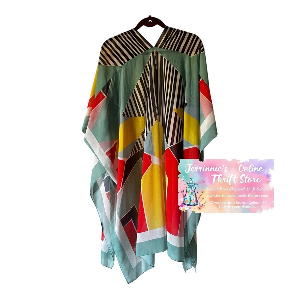 Geometric Print Sheer Kimono Wrap Multicolor Striped Open Front Cover Up XL - Picture 2 of 5